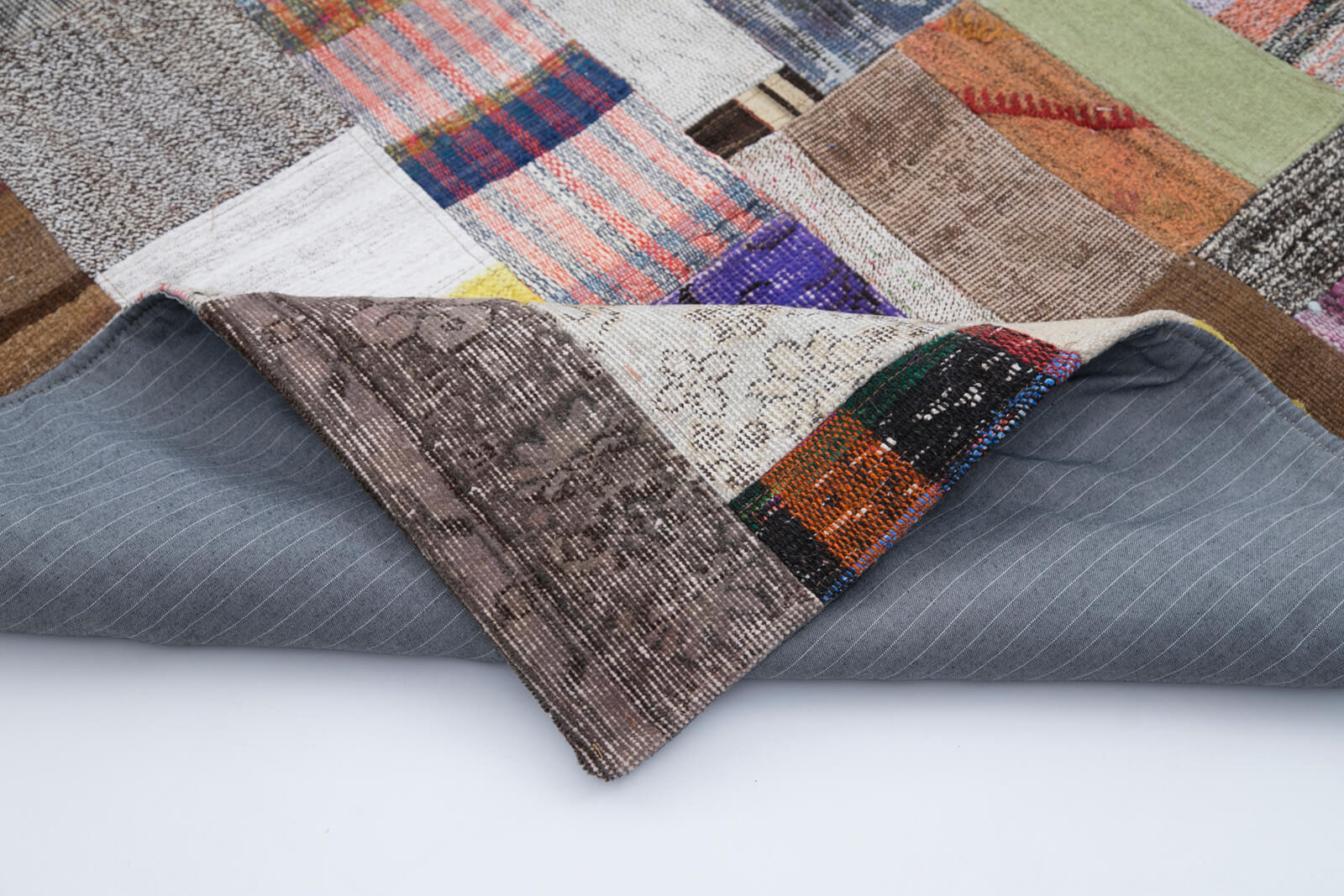 Handmade Area Rug - Grey Patchwork Cotton Wool Vintage Turkish Carpet 6'7''x9'10''