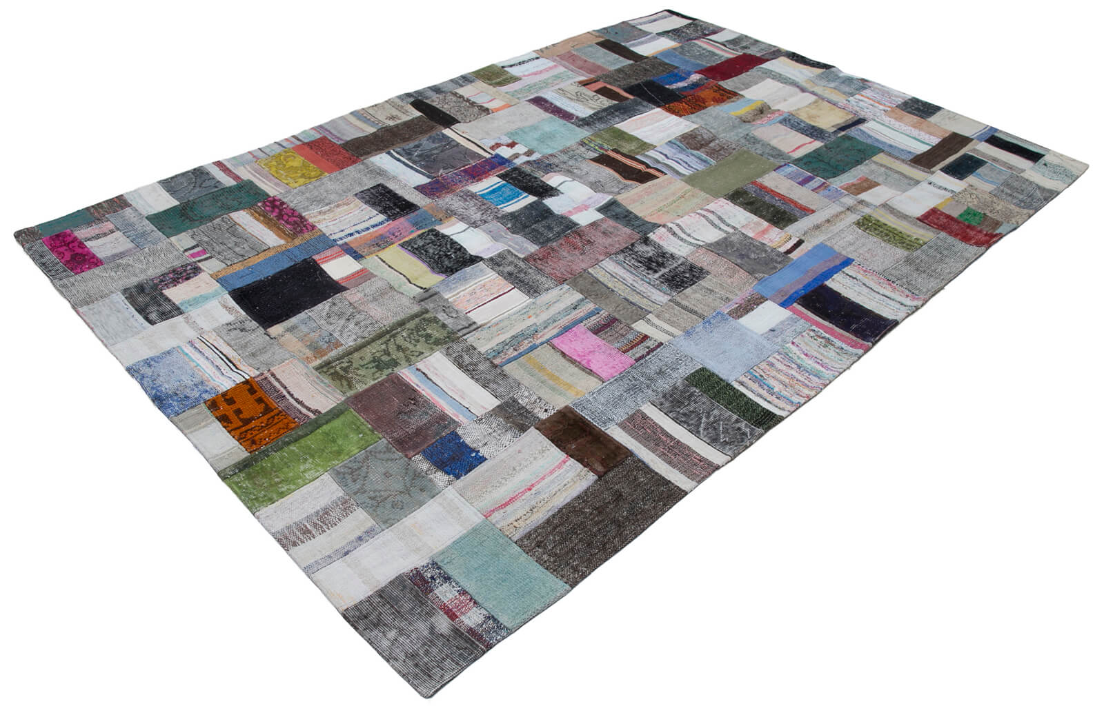 Handmade Wool Area Rug - Kirk Yama Grey Patchwork Carpet 6'7''x9'10'' Cotton Wool