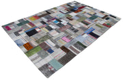 Handmade Wool Area Rug - Kirk Yama Grey Patchwork Carpet 6'7''x9'10'' Cotton Wool