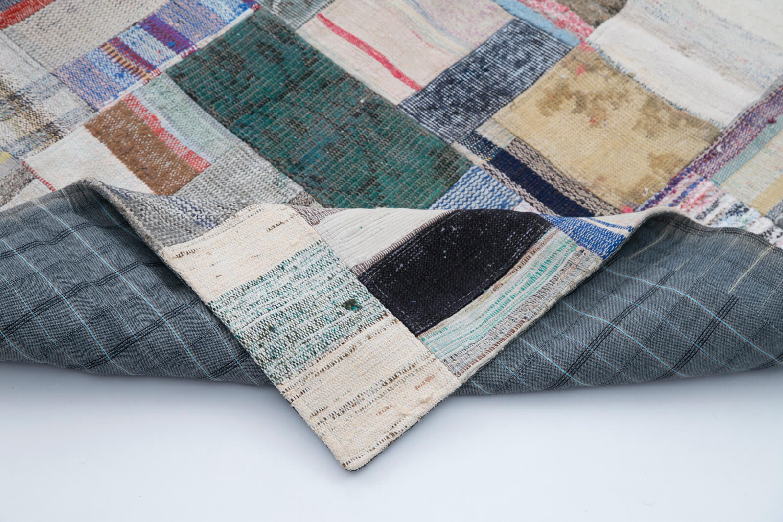 Handmade Wool Area Rug - Kirk Yama Grey Patchwork Carpet 6'7''x9'10'' Cotton Wool