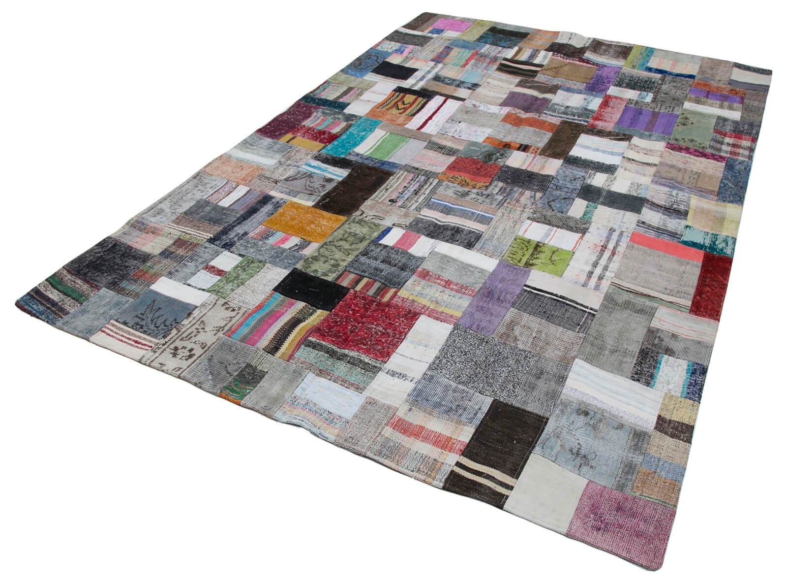 Handmade Wool Area Rug - Kirk Yama Grey Patchwork Design, Cotton Wool Carpet 6'6''x9'11''