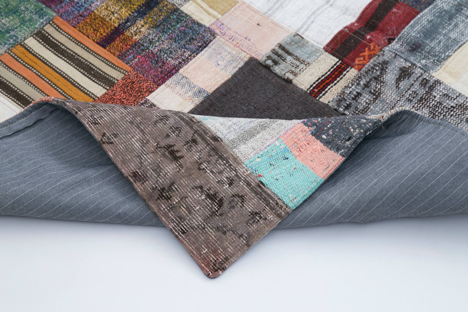 Handmade Area Rug - Grey Patchwork Cotton Wool Vintage Handwoven Carpet 6'7''x9'10''
