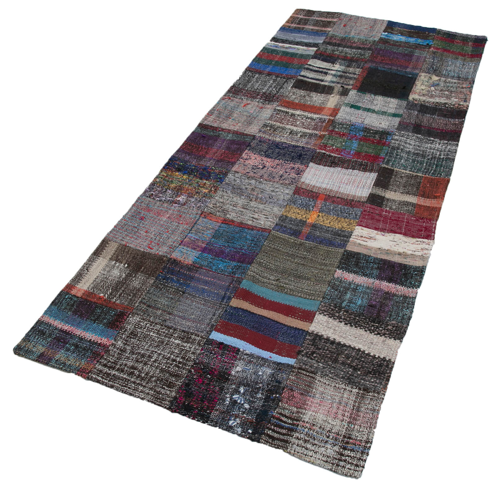 Handmade Wool Area Rug - Kirk Yama Grey Patchwork Cotton Wool Rug 3'3''x8'2''