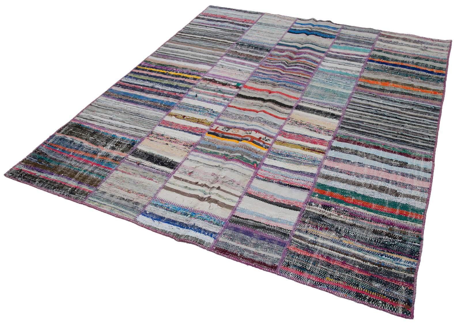 Handmade Patchwork Rug - Kirk Yama Grey Cotton Wool Vintage Area Carpet 6'7''x7'9''