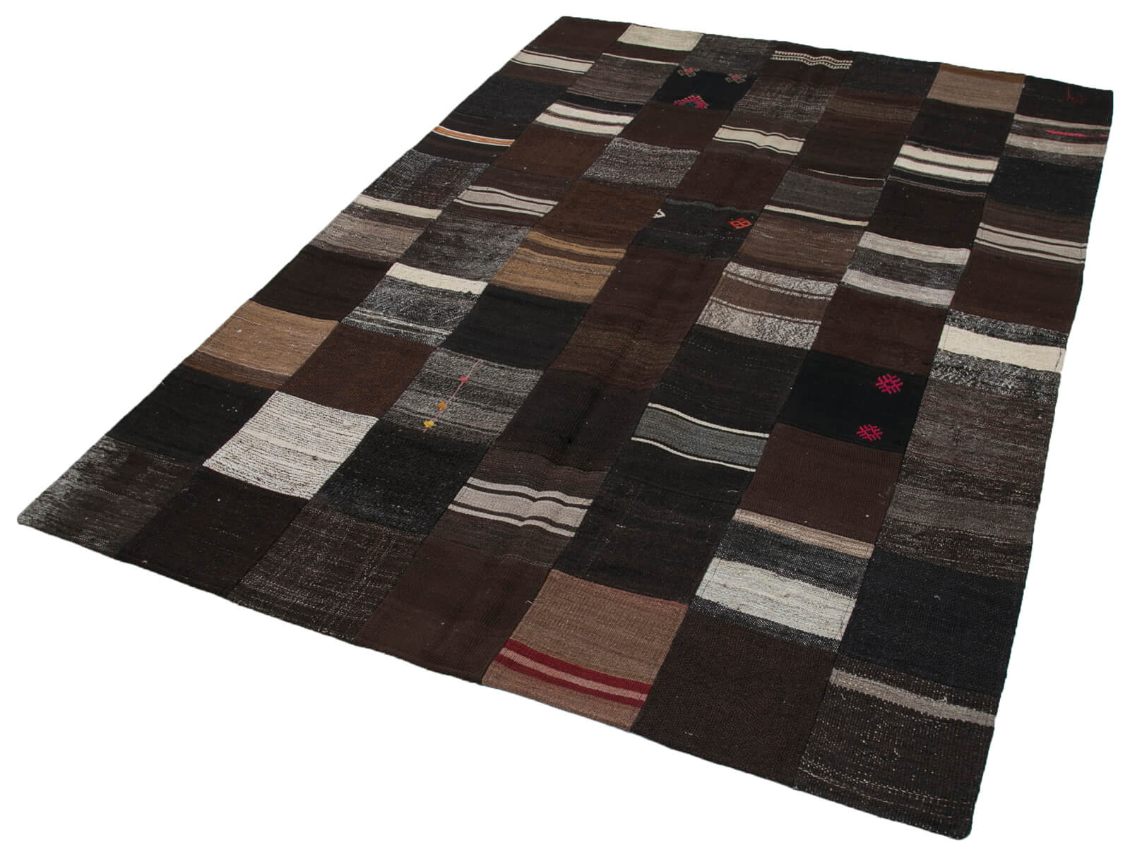 Handmade Patchwork Rug - Brown Patchwork Carpet 5'7''x7'10'' Cotton Wool Rug
