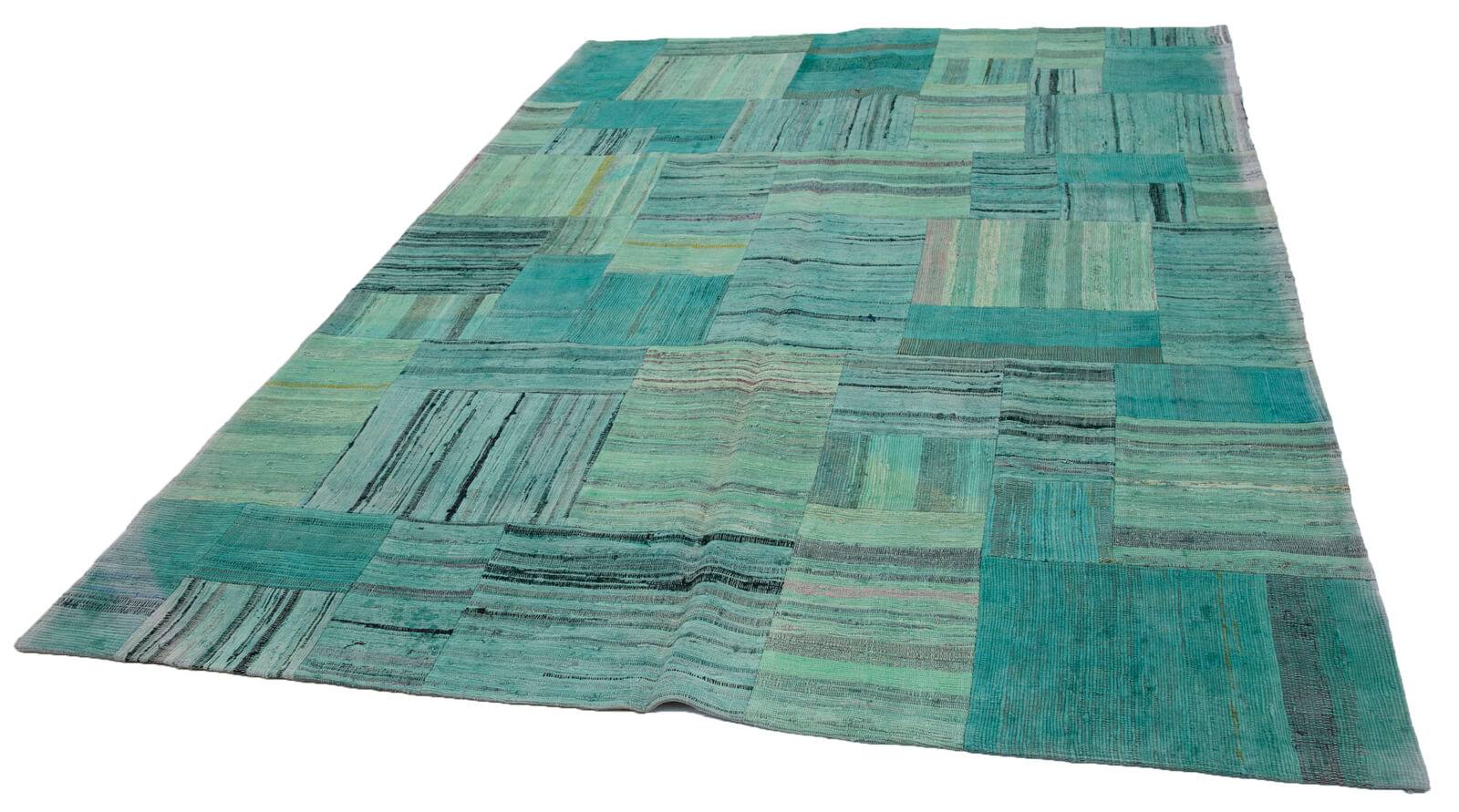 Handmade Area Rug - Kirk Yama Turquoise Patchwork Cotton Wool Carpet 6'11''x9'9''