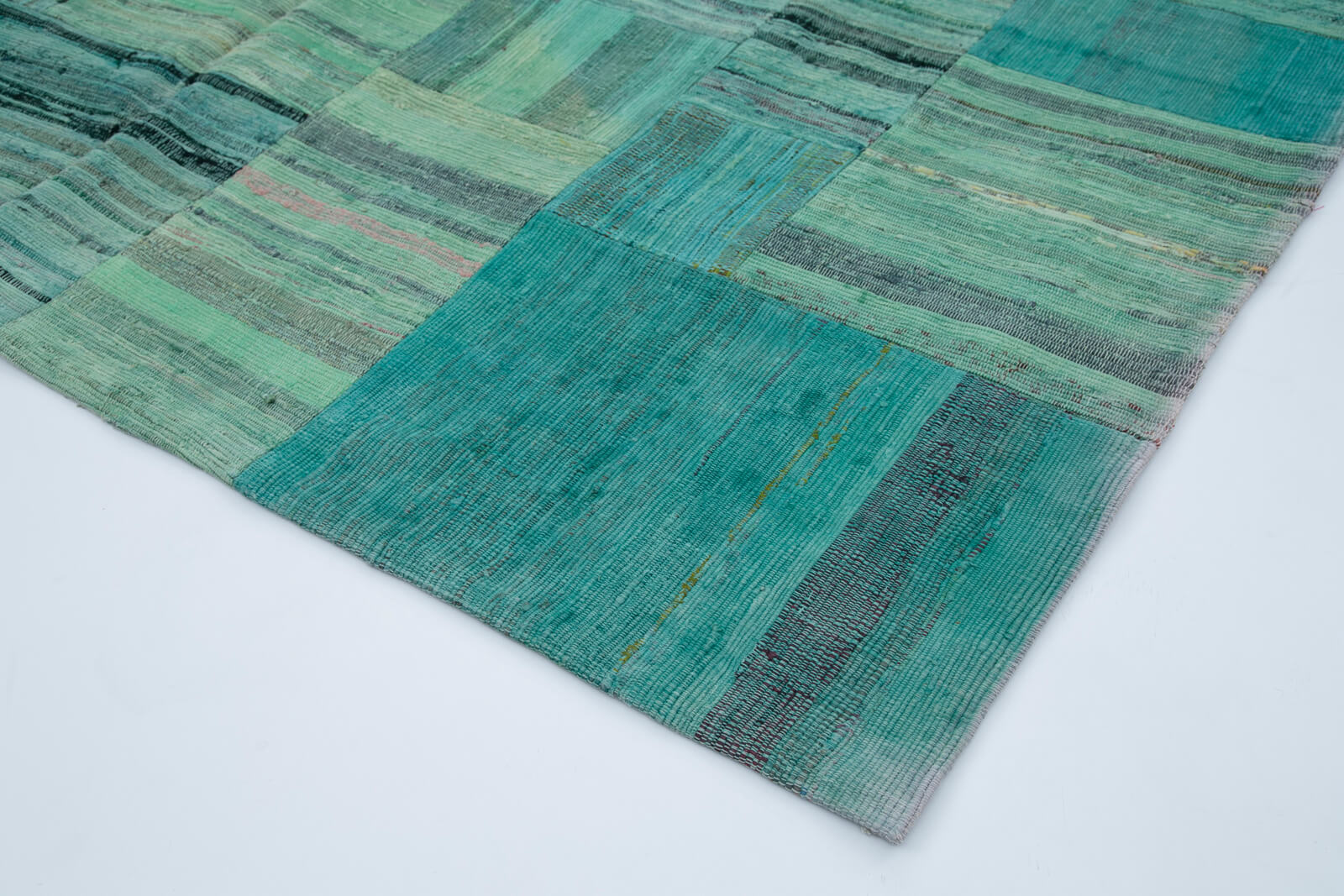 Handmade Area Rug - Kirk Yama Turquoise Patchwork Cotton Wool Carpet 6'11''x9'9''