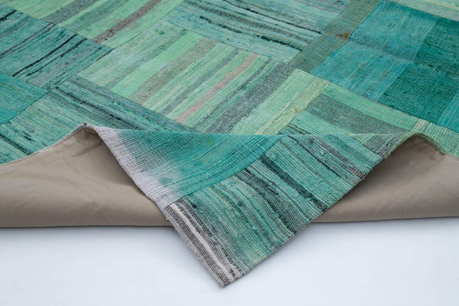 Handmade Area Rug - Kirk Yama Turquoise Patchwork Cotton Wool Carpet 6'11''x9'9''