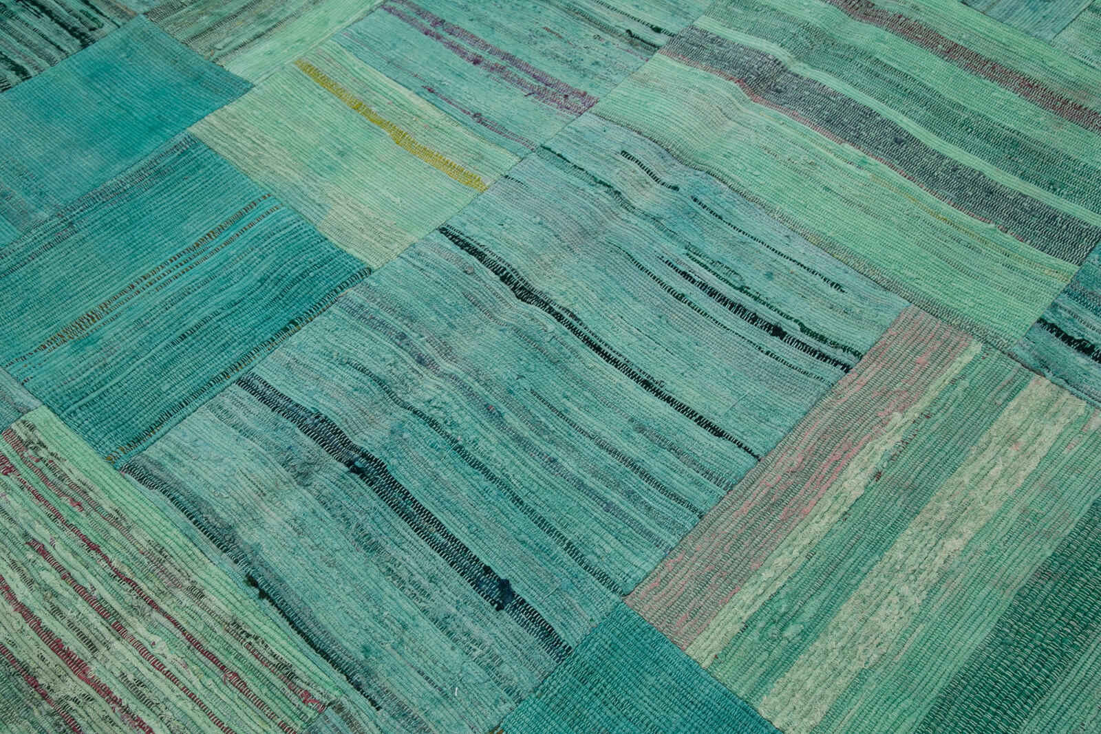 Handmade Area Rug - Kirk Yama Turquoise Patchwork Cotton Wool Carpet 6'11''x9'9''