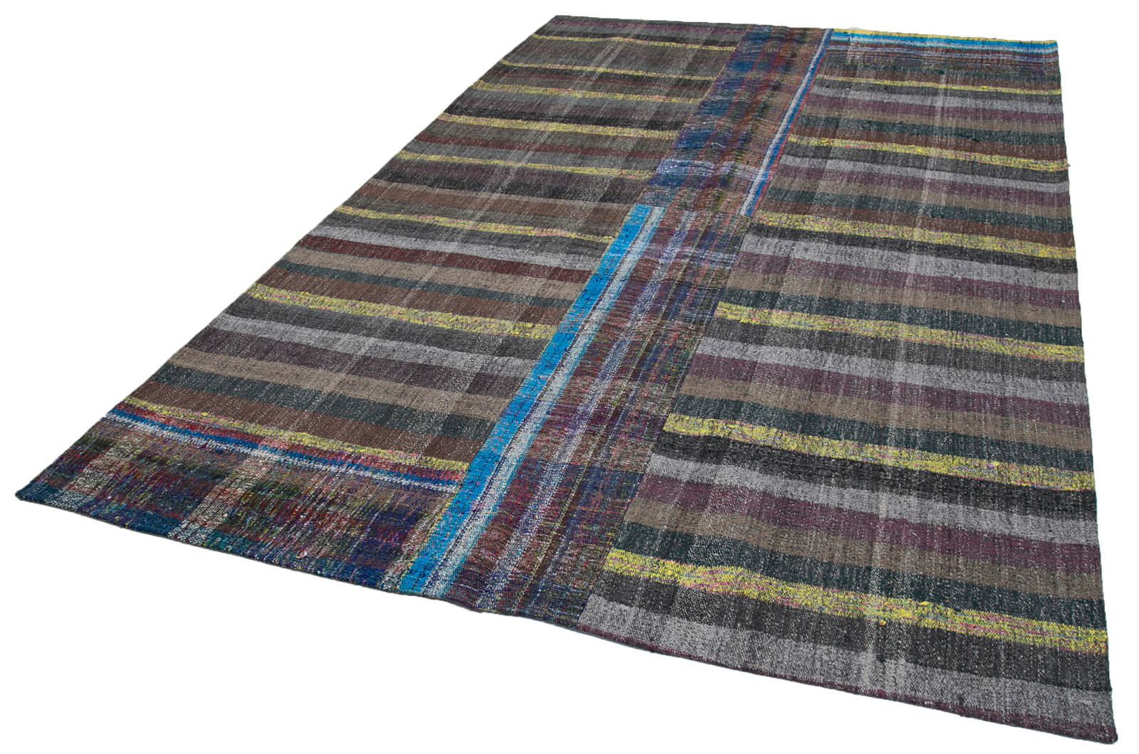 Handmade Wool Area Rug - Vintage Turkish Grey Patchwork Cotton Wool Rug 6'5" x 9'10"
