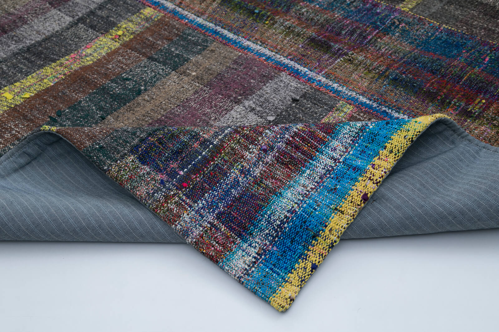 Handmade Wool Area Rug - Vintage Turkish Grey Patchwork Cotton Wool Rug 6'5" x 9'10"