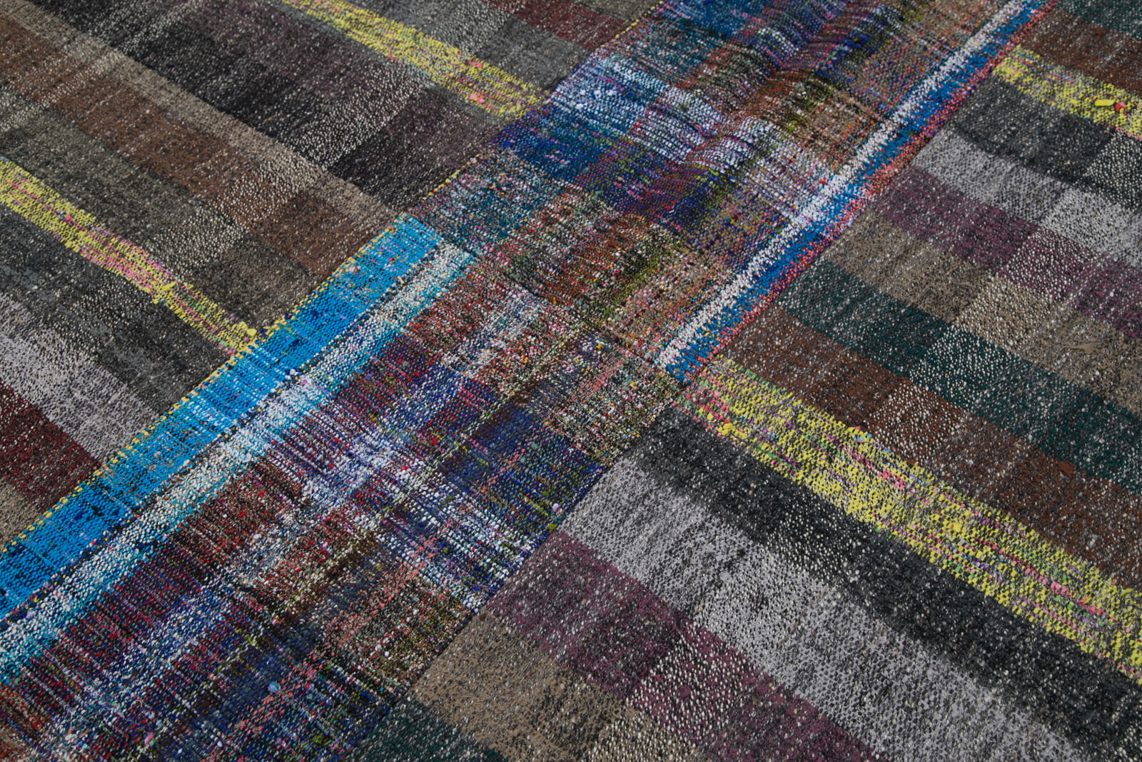 Handmade Wool Area Rug - Vintage Turkish Grey Patchwork Cotton Wool Rug 6'5" x 9'10"