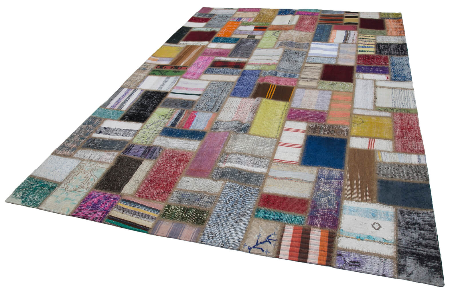 Handmade Area Rug - Grey Patchwork Cotton Wool Vintage Turkish Carpet 6'9" x 9'7"