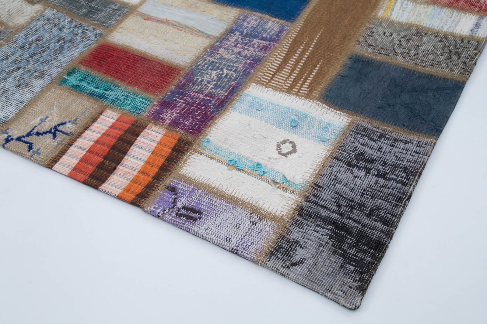 Handmade Area Rug - Grey Patchwork Cotton Wool Vintage Turkish Carpet 6'9" x 9'7"
