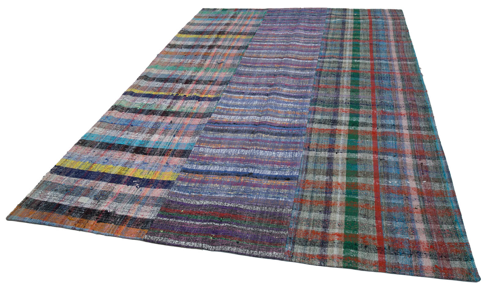 Handmade Wool Area Rug - Kirk Yama Grey Patchwork Cotton Wool Rug 6x9