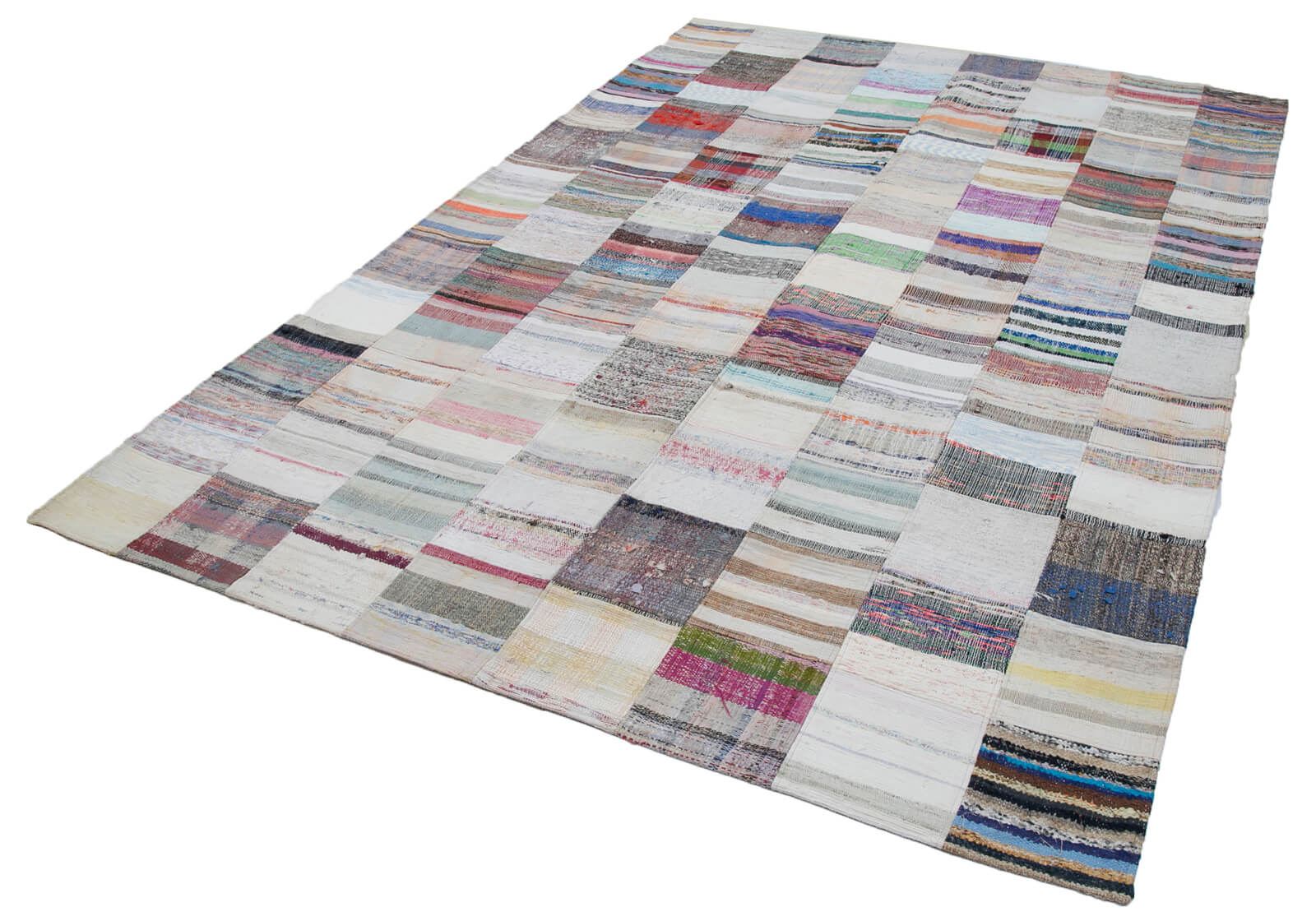 Handmade Wool Area Rug – Grey Patchwork Style Carpet With Durable Cotton Weave 6'8''x9'11''