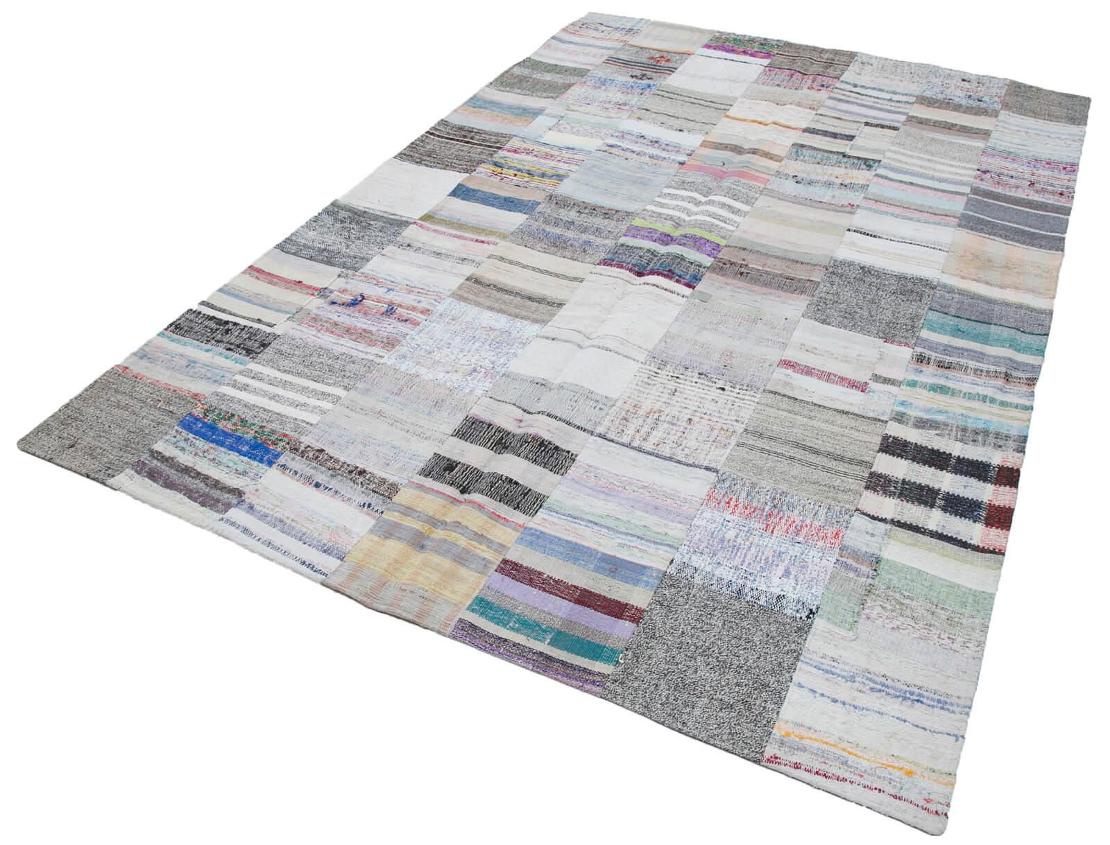 Handmade Patchwork Rug - Kirk Yama Grey Cotton Wool 6'8''x9'10'' Vintage Area Rug