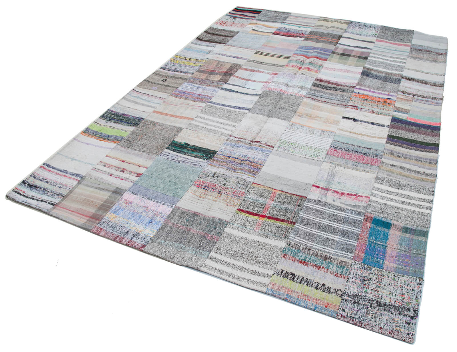 Handmade Wool Area Rug - Kirk Yama Grey Patchwork Turkish Vintage Rug 6'8''x9'9''