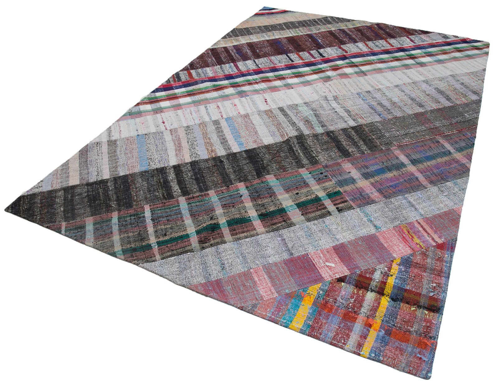 Handmade Area Rug – Grey Patchwork Turkish Wool Cotton Vintage Carpet 6'8"x10'0"