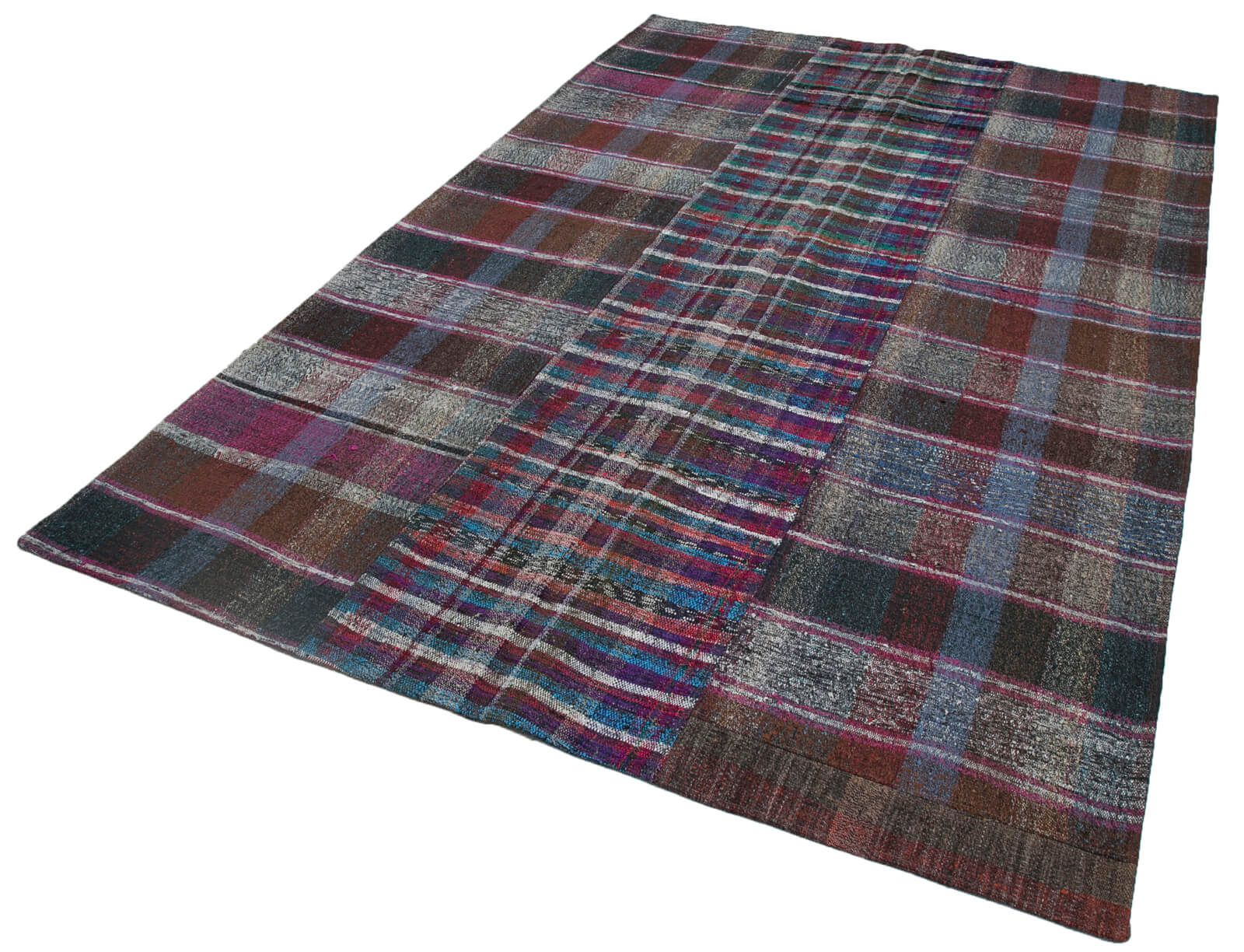 Handmade Area Rug – Grey Patchwork Style Carpet with Wool Cotton Weave 6'7"x9'11"