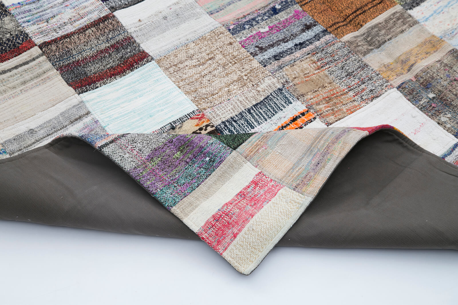 Handmade Patchwork Rug - Grey Patchwork Carpet Wool Cotton Blend 7'11''x9'10''