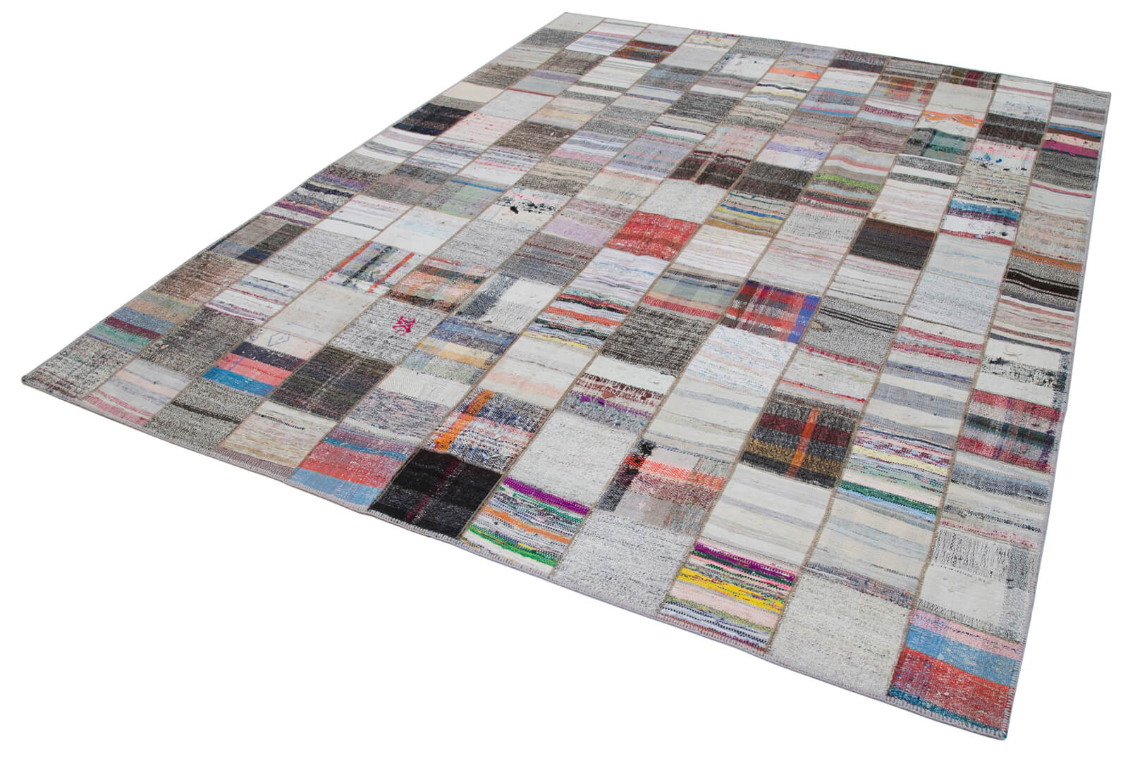 Handmade Wool Area Rug – Kirk Yama Grey Patchwork Cotton Wool Blend Carpet 7'11''x10'