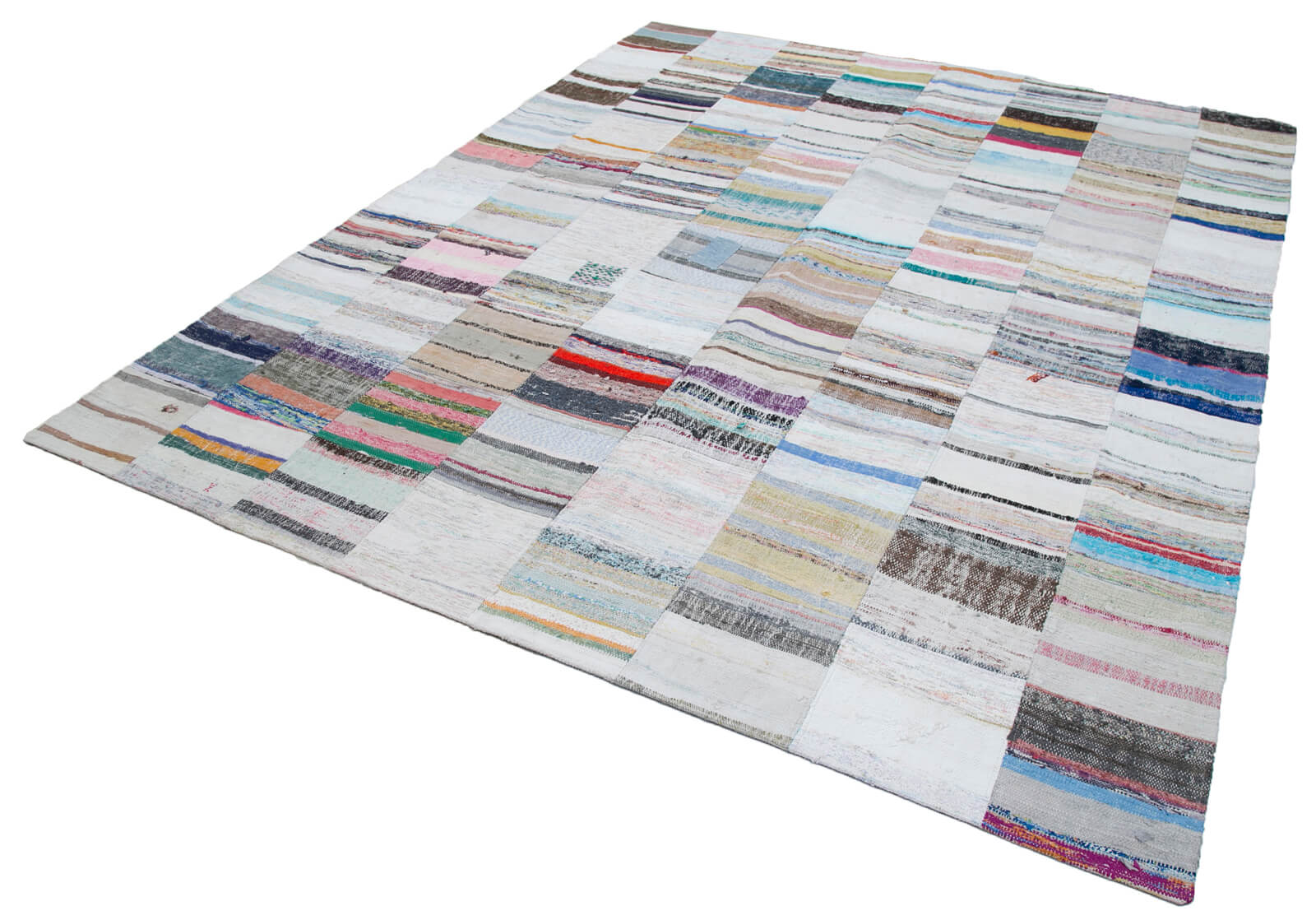 Handmade Wool Area Rug - Vintage Turkish Grey Patchwork Cotton Wool Kirk Yama 8'2" x 9'9"
