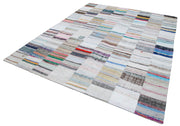 Handmade Wool Area Rug - Vintage Turkish Grey Patchwork Cotton Wool Kirk Yama 8'2" x 9'9"