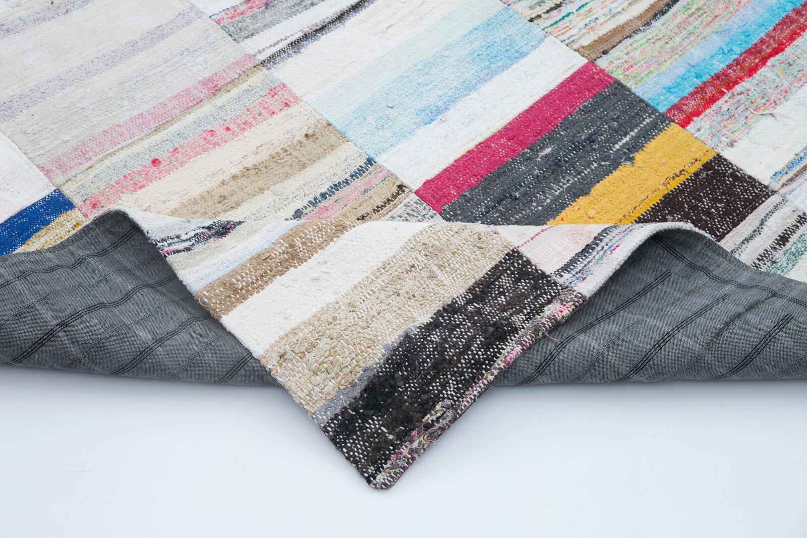 Handmade Wool Area Rug - Vintage Turkish Grey Patchwork Cotton Wool Kirk Yama 8'2" x 9'9"