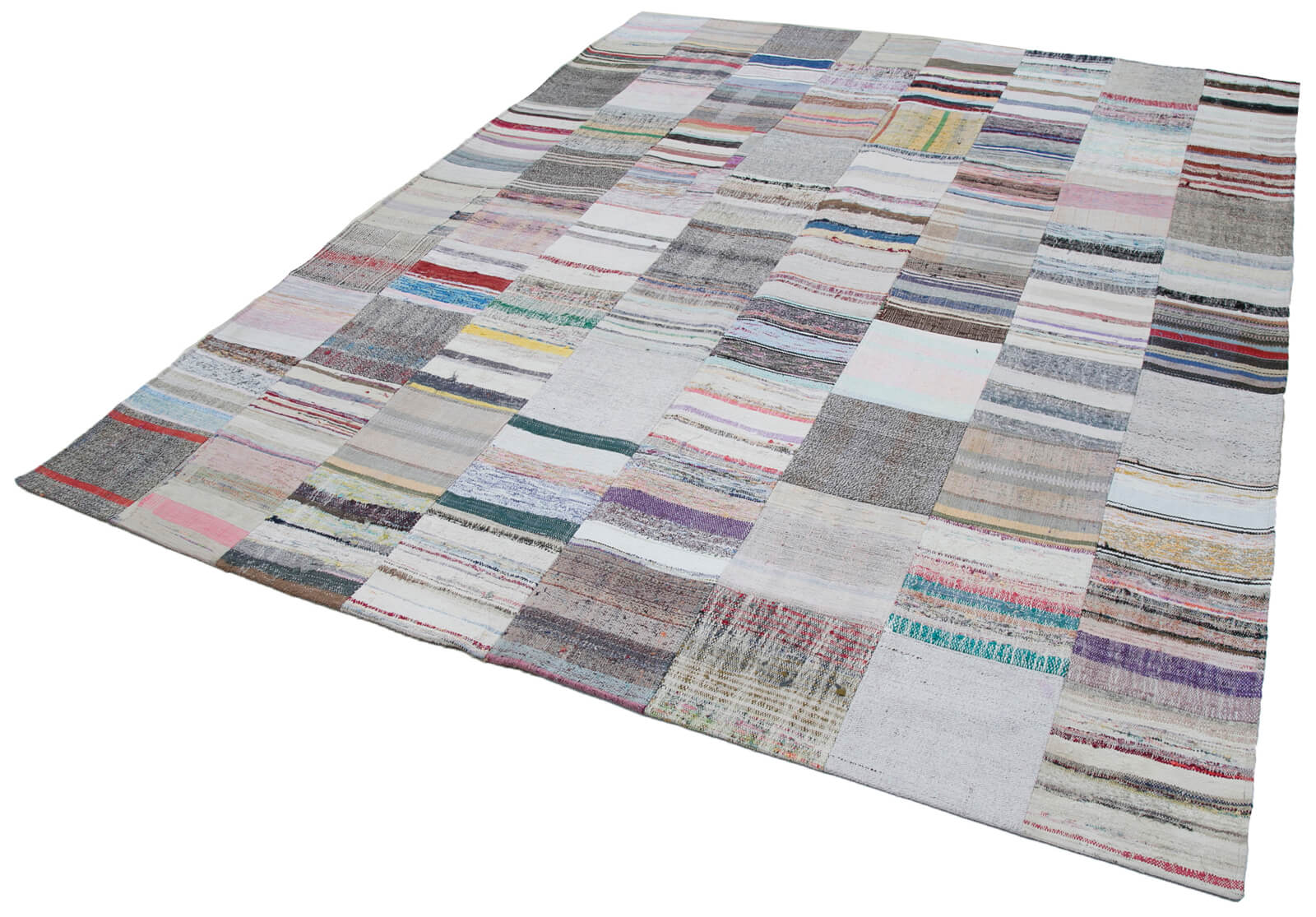 Handmade Wool Area Rug - Kirk Yama Grey Patchwork Cotton Wool Blend 8'2''x9'11''