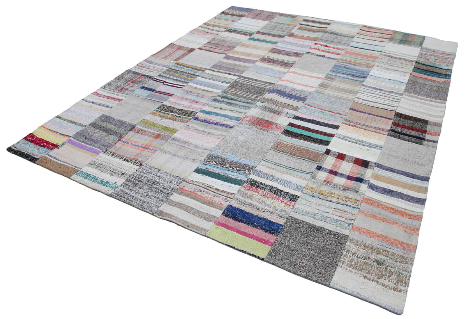 Handmade Wool Area Rug - Grey Patchwork Rug Cotton Wool Carpet 8'2"x10'0"