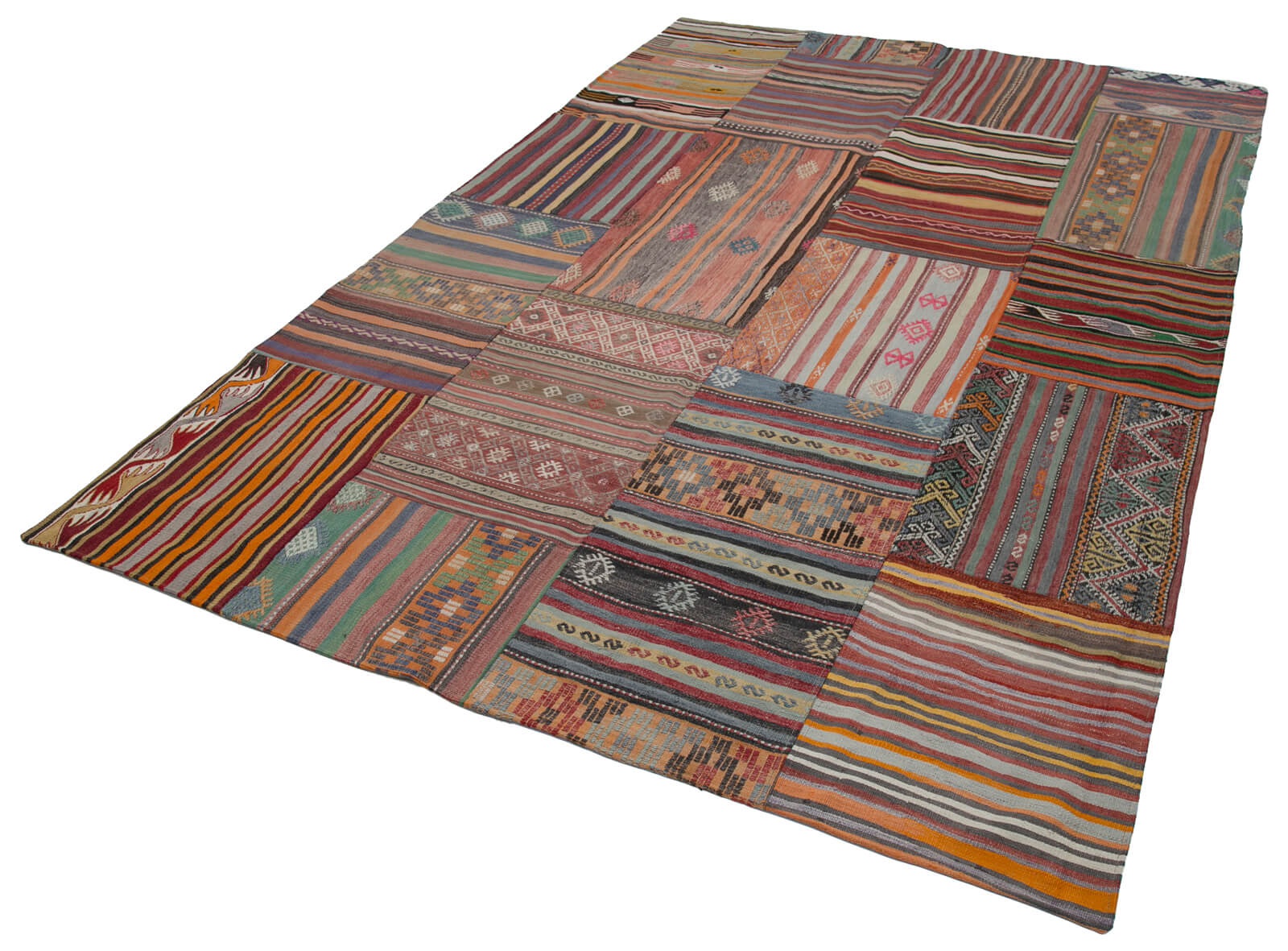 Handmade Area Rug - Red Patchwork Wool Cotton Carpet, Vintage Turkish Style 6'8''x9'11''
