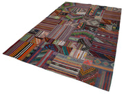 Handmade Area Rug - Red Patchwork Cotton Wool Vintage Turkish Carpet 6'8"x9'11"