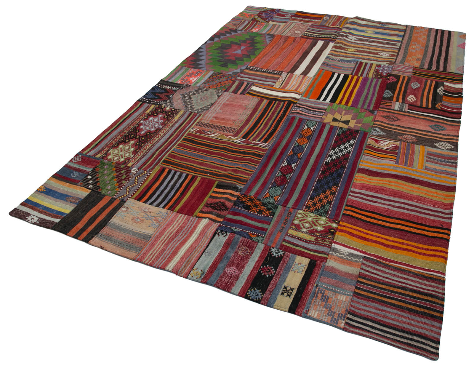 Handmade Area Rug - Kirk Yama Red Patchwork Cotton Wool Vintage Carpet 6'8''x9'11''