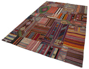 Handmade Area Rug - Kirk Yama Red Patchwork Cotton Wool Vintage Carpet 6'8''x9'11''