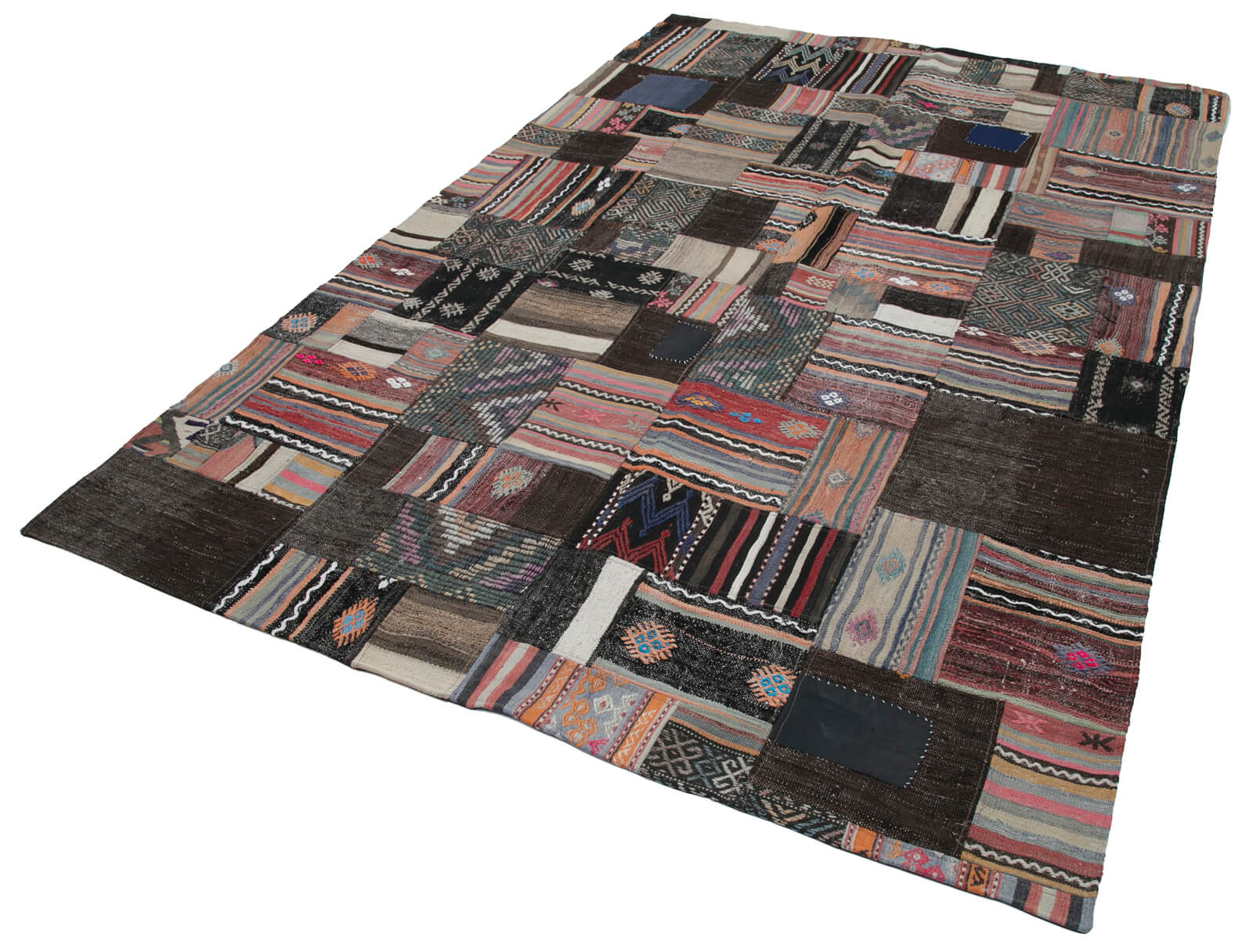 Handmade Patchwork Rug – Turkish Brown Wool Cotton Vintage Area Rug 6'7''x9'11''
