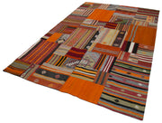 Handmade Area Rug - Kirk Yama Orange Patchwork Wool Cotton Carpet 6'8''x9'10''