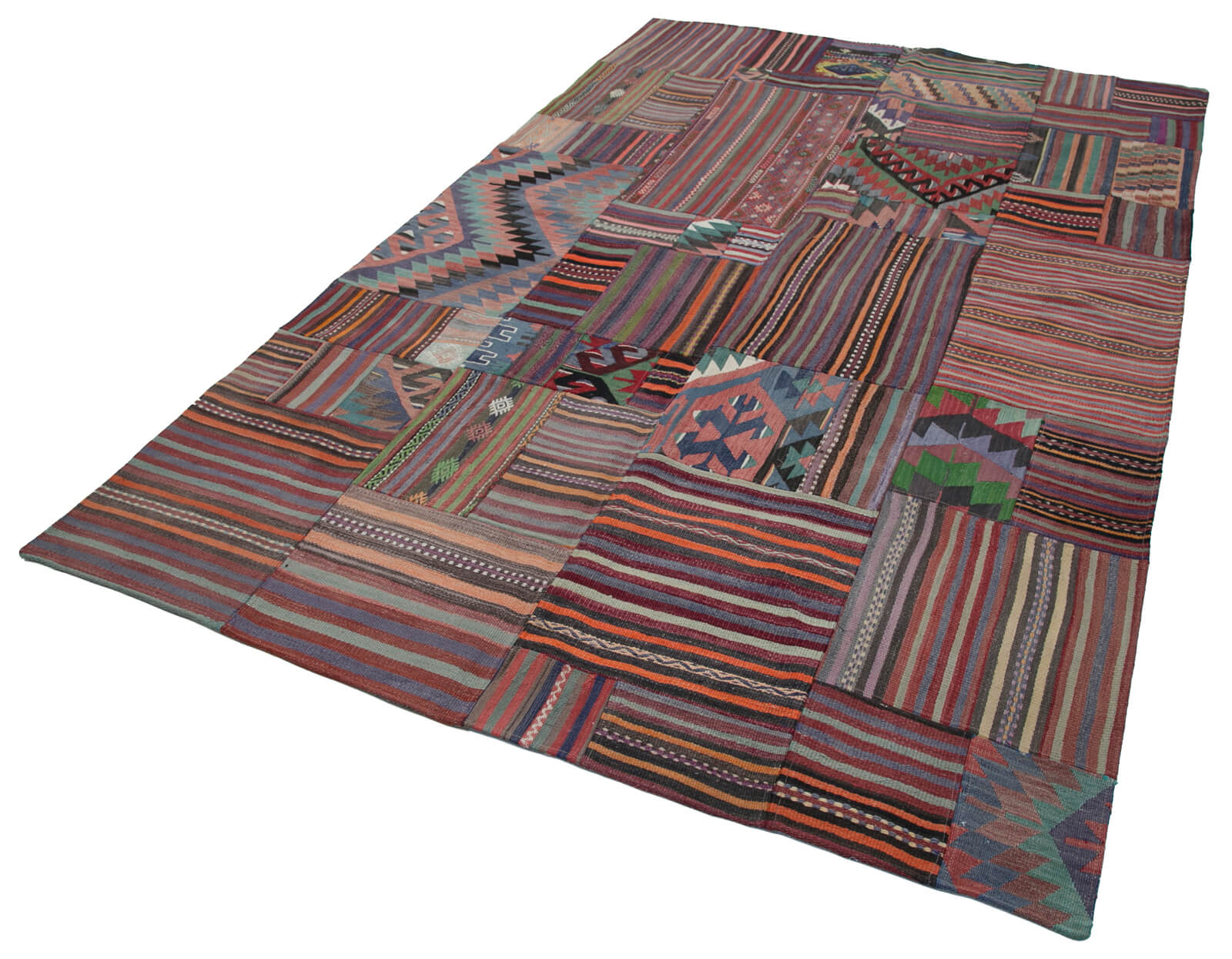 Handmade Area Rug - Purple Patchwork Wool Cotton Vintage Turkish Carpet 6'8"x9'11"