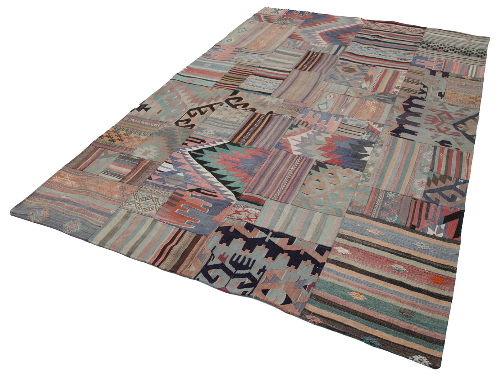 Handmade Area Rug - Beige Patchwork Cotton Wool Vintage Turkish Carpet 6'8''x9'11''