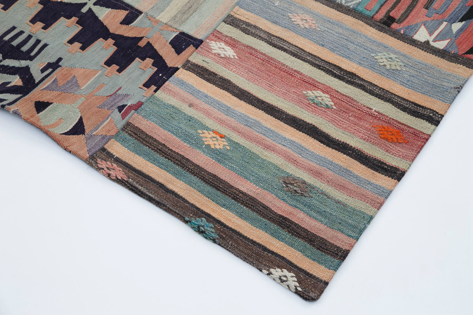 Handmade Area Rug - Beige Patchwork Cotton Wool Vintage Turkish Carpet 6'8''x9'11''