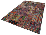 Handmade Area Rug - Kirk Yama Burgundy Turkish Patchwork Cotton Wool 6'8''x9'11''
