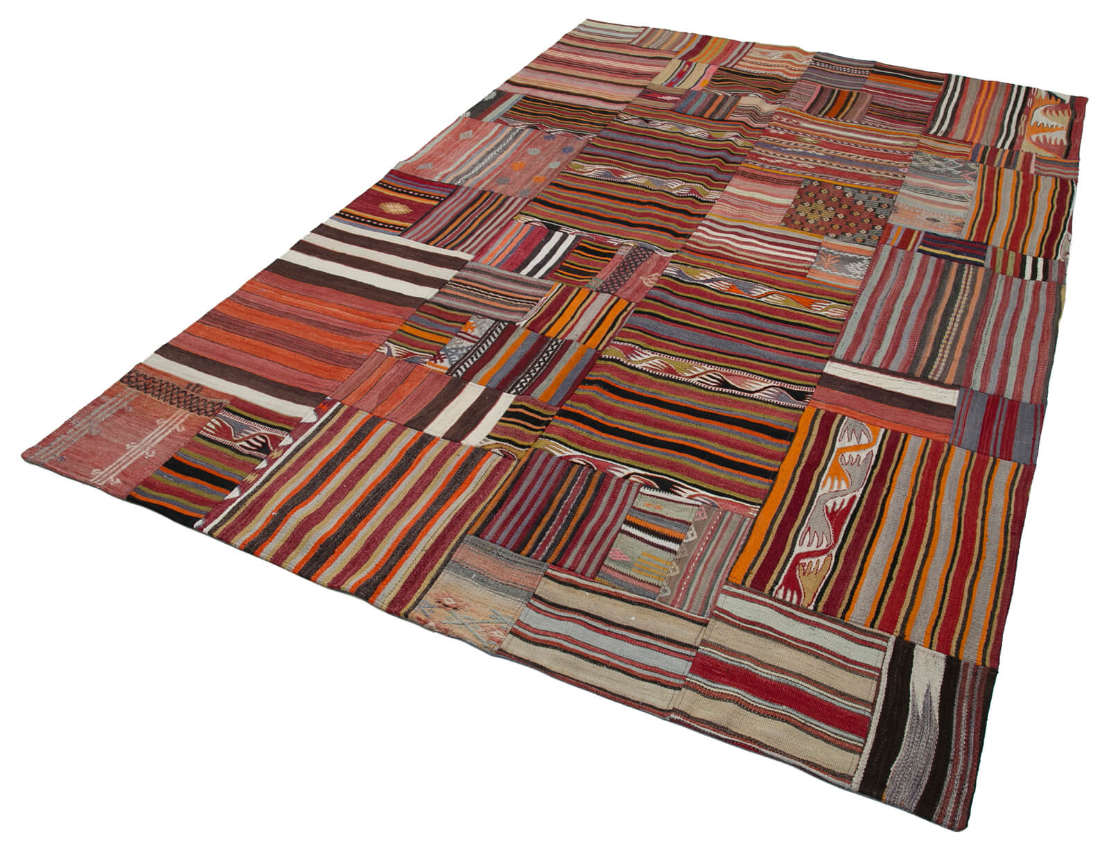 Handmade Area Rug - Red Patchwork Wool Cotton Carpet 6'7''x9'11'' Durable Vintage
