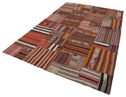 Handmade Area Rug - Red Patchwork Wool Cotton Carpet 6'7''x9'11'' Durable Vintage