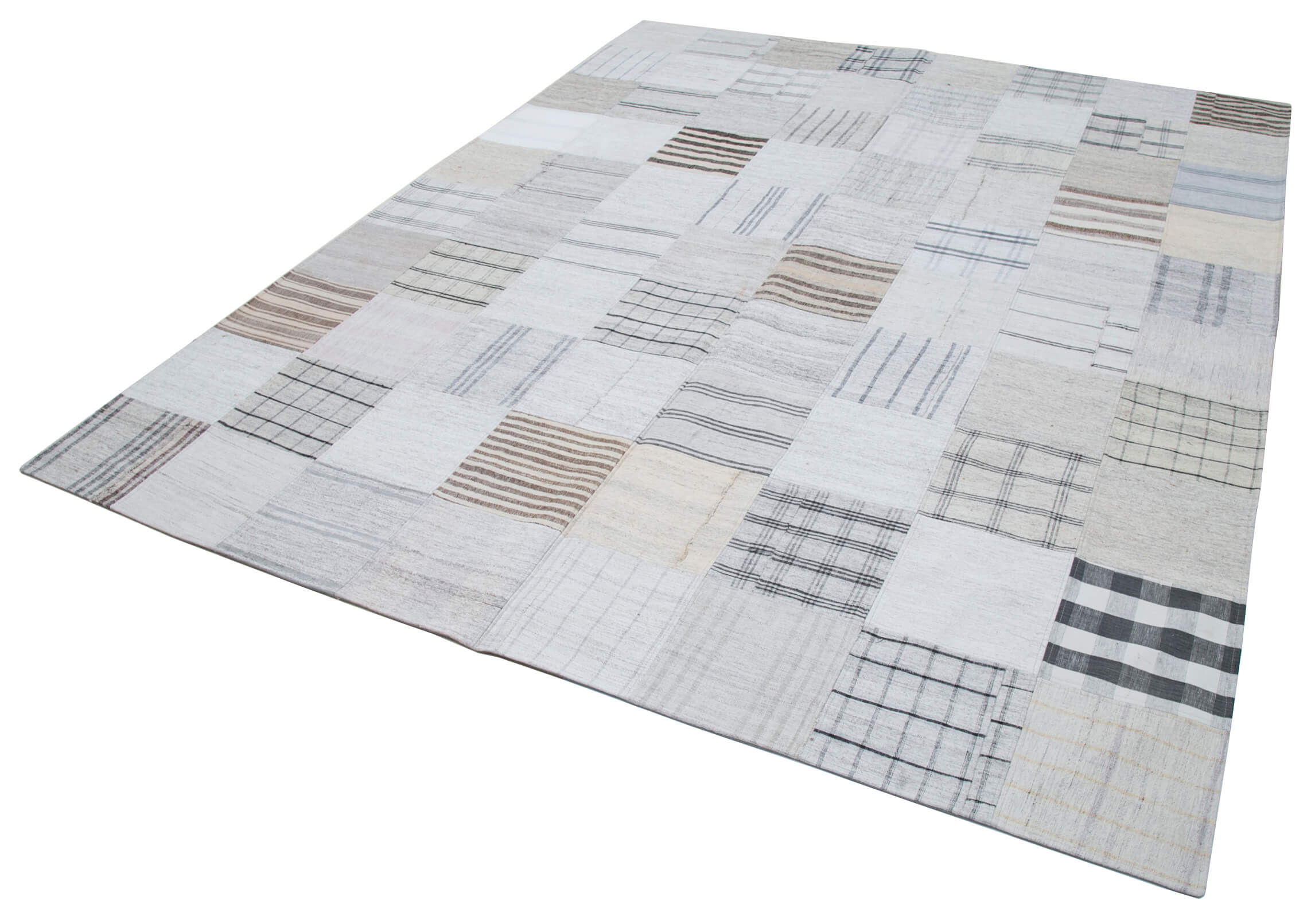 Handmade Area Rug - Kirk Yama White Patchwork Cotton Wool 8x10 Soft Vintage Carpet