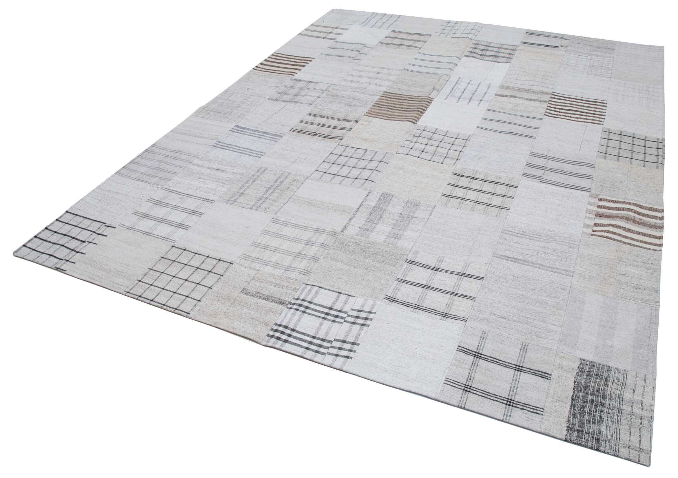 Handmade Area Rug - Kirk Yama White Patchwork Cotton Wool Carpet 8x10 ft