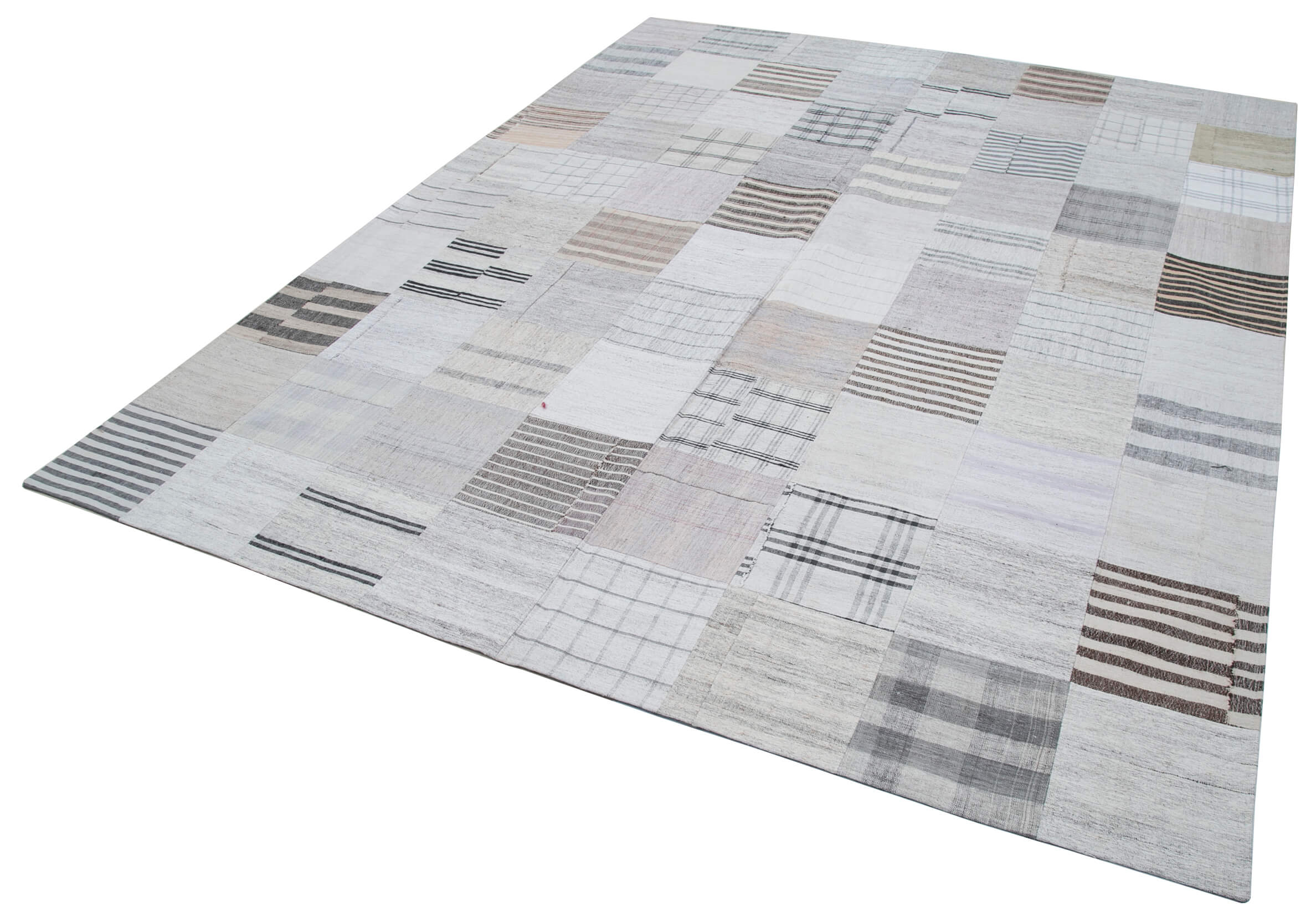 Handmade Wool Area Rug - Kirk Yama White Patchwork Style, 8x10 Cotton Wool Rug