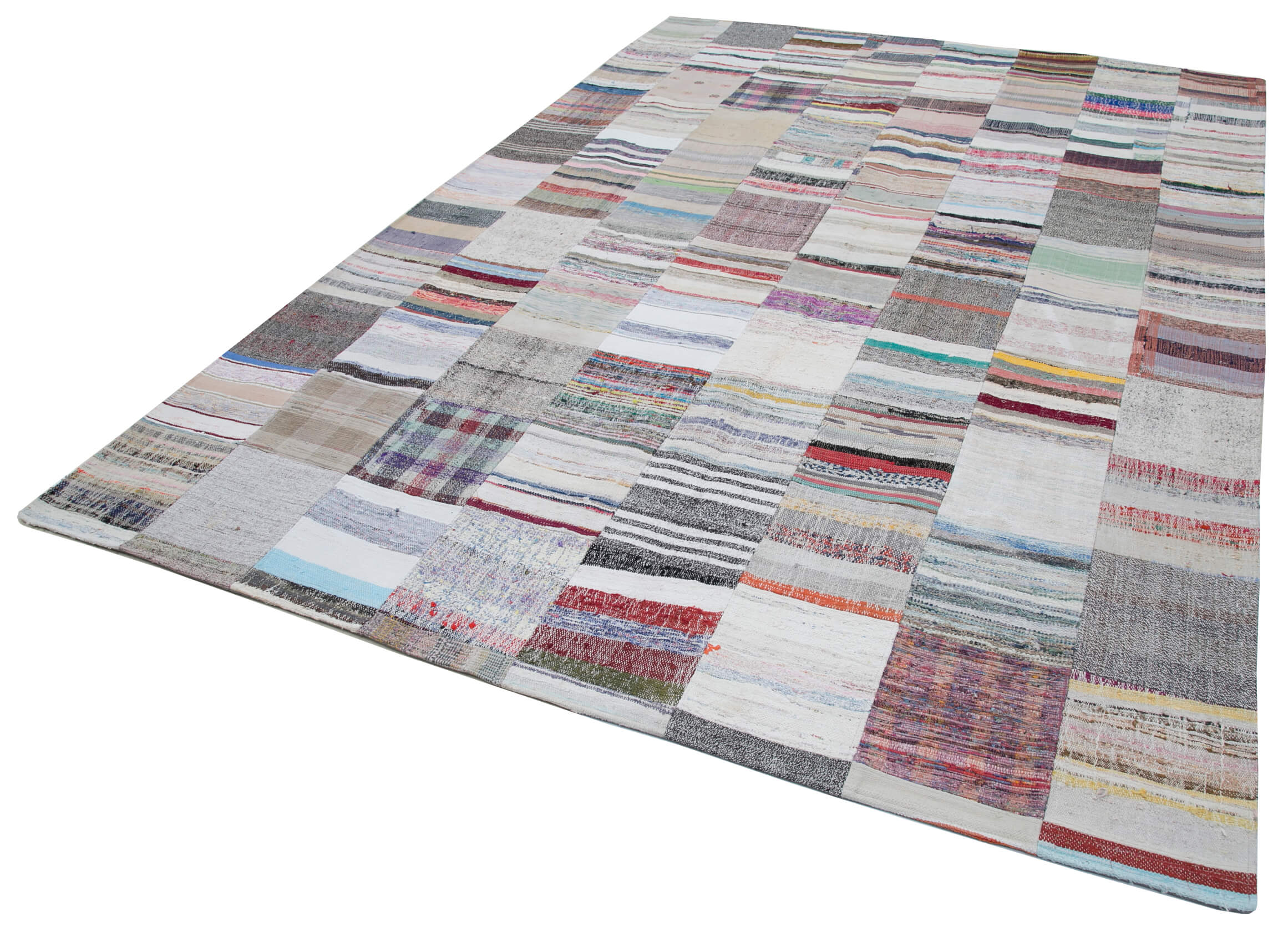 Handmade Wool Area Rug - Kirk Yama White Vintage Patchwork Cotton Wool Rug 8'2''x11'6''