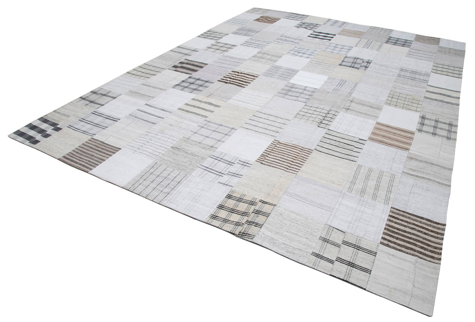 Handmade Area Rug - White Patchwork Cotton Wool Vintage Turkish Carpet 9'11''x13'1''