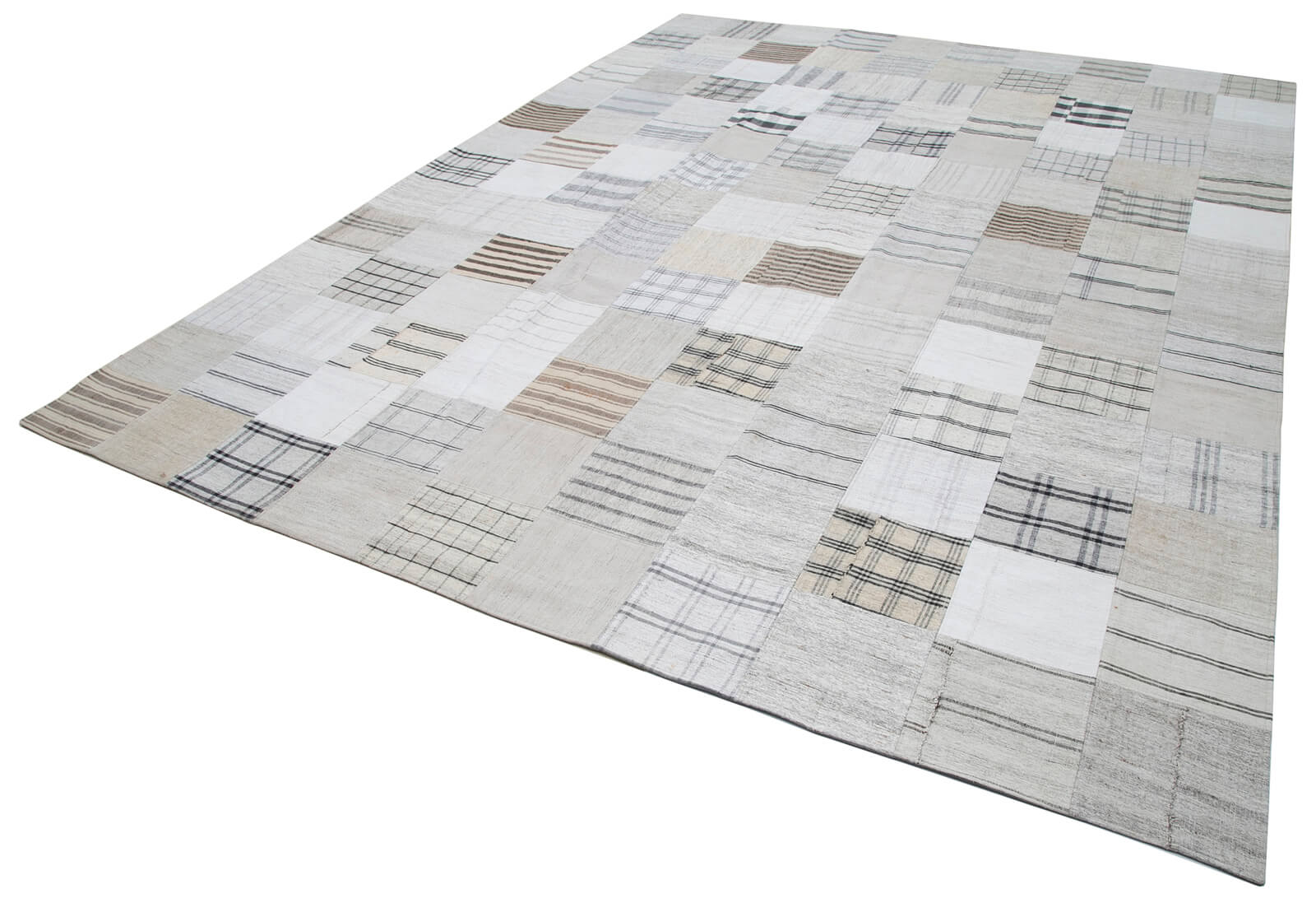 Handmade Patchwork Rug | Vintage Turkish 9x13 Area Rug, Cotton Wool Beige Carpet