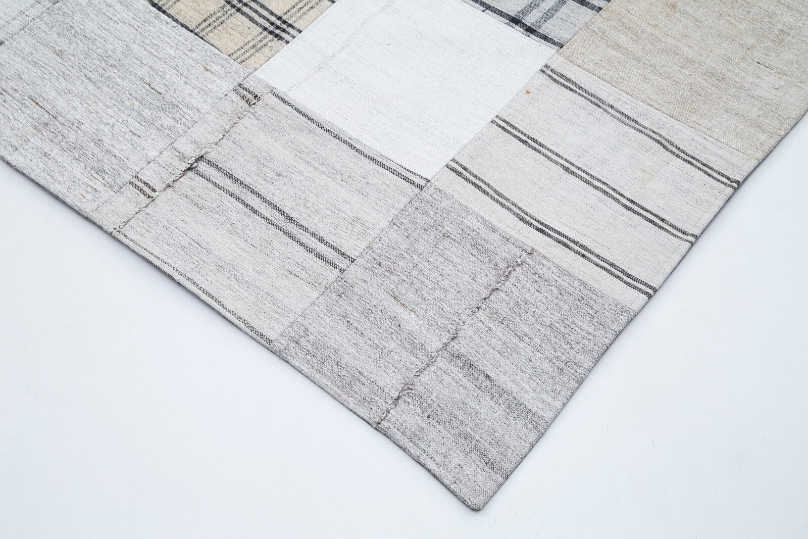 Handmade Patchwork Rug | Vintage Turkish 9x13 Area Rug, Cotton Wool Beige Carpet